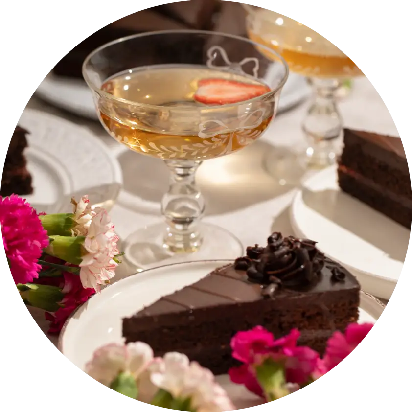 Champagne, flowers and cake